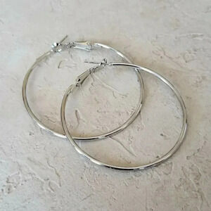 Minimalist Classic Sleek Silver Large Hoop Earrings 50mm 2" Leverback